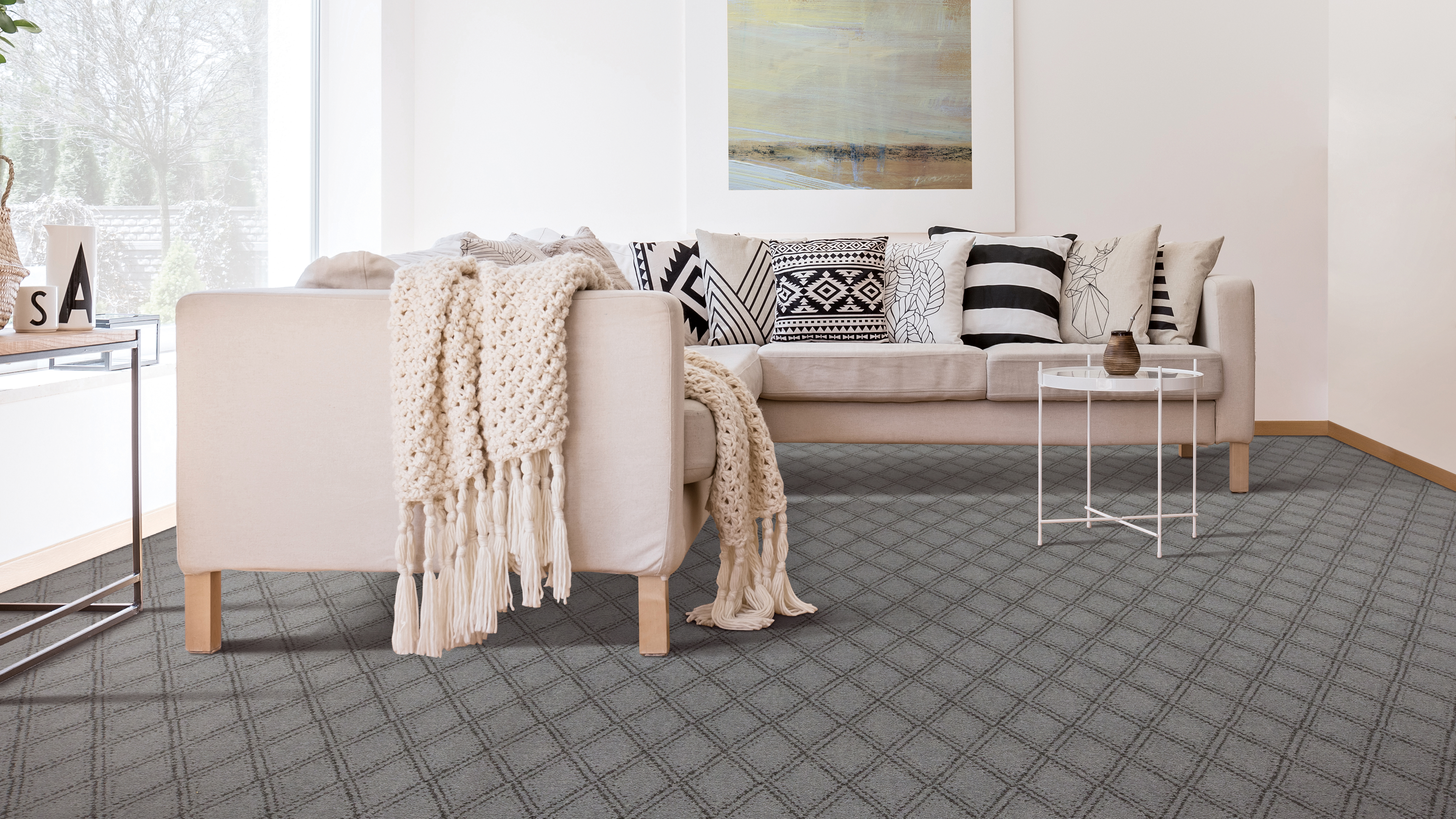 Gray living room carpeting